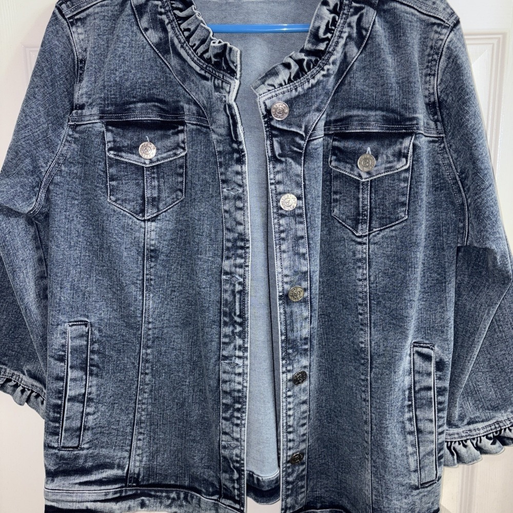 Vintage NorthStyle Denim Jean Jacket Women's XL Pockets Ruffle Trim 3/4 Sleeves - Picture 6 of 10